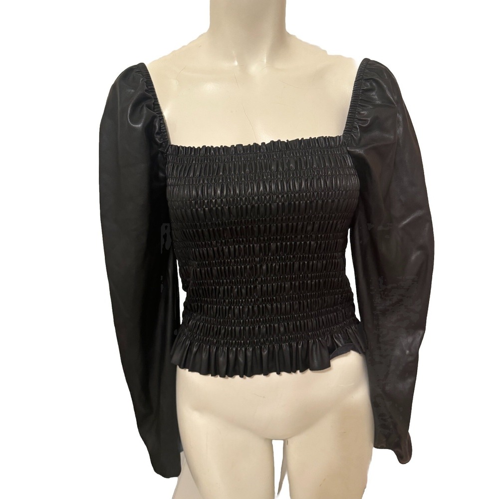 NWT Avec Les Filles Black Smocked Faux Leather‎ Puff Sleeve Top m Sexy Goth